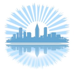 Poster - A stylized blue cityscape with a sunburst and reflections