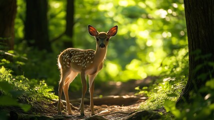 Aufkleber - A young fawn stands quietly on a woodland path, surrounded by vibrant green trees and gentle light.