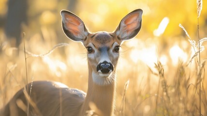Aufkleber - A calm deer gazes into the distance while surrounded by golden grass, highlighting autumn's beauty.
