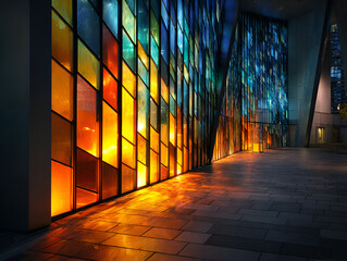 Poster - Illuminated Stained Glass Wall Reflecting Light onto Stone Pavement at Night