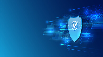 Poster - Abstract background with a blue shield in the center. Symbol of data protection, digital security and reliable system. Modern and technological background, for banner and presentation.