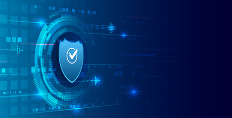 Poster - Technological background with a shield in the center, and arrows and stripes symbolizing security and information transfer, data protection and reliable digital infrastructure. Modern cyber theme.