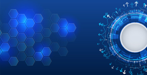 Leinwandbilder - Modern tech blue background with hexagons, arrows and digital circle. Suitable for IT presentations, web design and innovative projects.