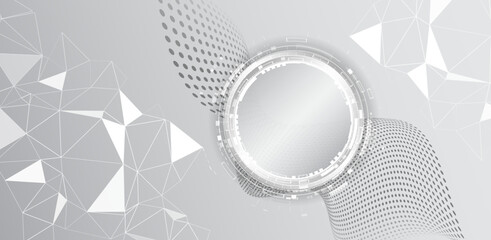 Aufkleber - Abstract grey tech background with futuristic circular interface, dotted wave patterns and polygonal grid. Perfect for innovation, presentations and high-tech design concepts.