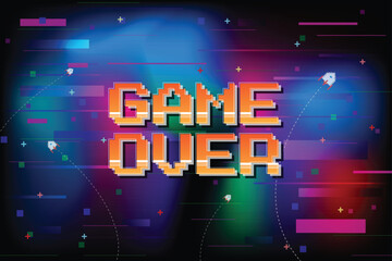 Poster - Game Over. Retro Futurism Sci-Fi Background. glowing neon grid. and stars from vintage arcade computer games, 3D game.