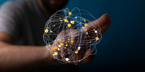 Poster - Hand interacting with a digital network sphere.  Represents connection, technology, and global communication.