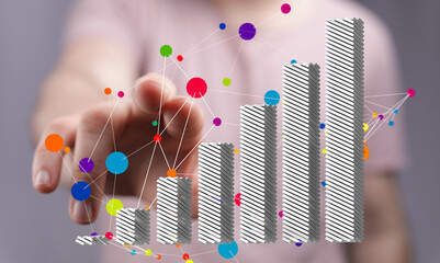 Poster - Abstract image of hand interacting with a 3D bar graph, representing growth and data analysis.