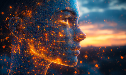 Poster - Futuristic digital human face profile with glowing orange network dots and holographic light effects at sunset background