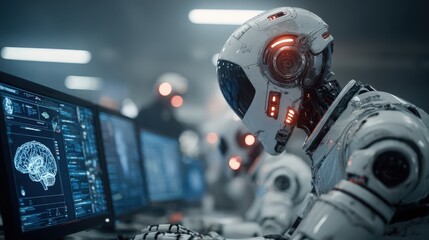Poster - A futuristic robot interacts with advanced computer systems, showcasing technology and artificial intelligence in a sleek environment.