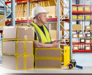 Poster - Man warehouse contractor. Storage area of delivery service. Storekeeper using tablet computer. Warehouse contractor near table with boxes. Stacks of pallets behind storekeeper. Man inside warehouse