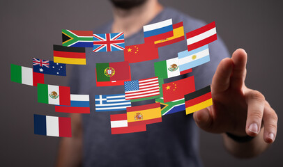 Poster - Image of a man interacting with a digital display of various national flags, symbolizing global business and international connections.