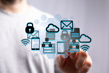 Poster - Person interacts with digital icons representing secure cloud storage, data transfer, and network security.
