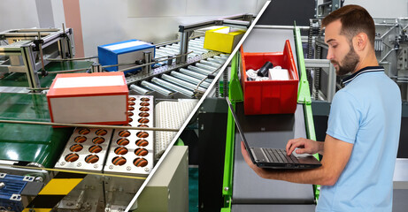Poster - Man production line operator. Conveyor to increase production productivity. Casual production line operator. Business man controls conveyors via computer. Cardboxes on industrial line