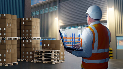 Poster - Man warehouse manager. Storekeeper standing among warehouse buildings. Distribution center worker back to camera. Warehouse manager using computer. Storage specialists near pallets with boxes