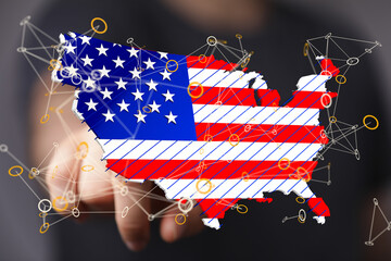Poster - Stock photo of a US map with network connections, representing digital connectivity and data flow across the nation.