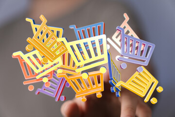 Aufkleber - Abstract 3D rendering of colorful shopping carts, perfect for e-commerce and online shopping concepts.