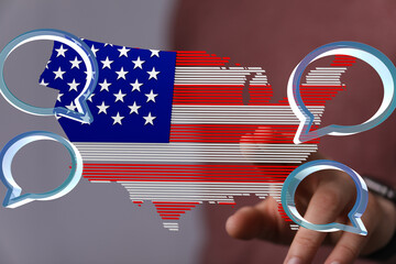 Aufkleber - Digital illustration of a US map with chat bubbles, representing communication and networking.