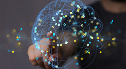 Poster - Abstract image of a hand interacting with a digital network. Represents connection, technology, and data.
