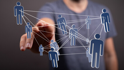 Poster - Image of a hand interacting with a digital network of people, symbolizing connection and communication.