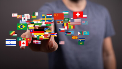 Poster - International collaboration, global network, world map, flags, connection, communication, teamwork, business, technology