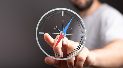 Aufkleber - A man interacts with a digital compass, symbolizing guidance, direction, and strategic planning.