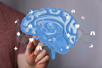 Poster - 3D brain model with medical icons.  Perfect for healthcare, neurology, and mental health.