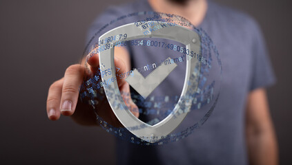 Poster - Image of a person interacting with a digital shield, representing data protection and online security.