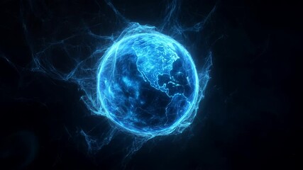 Poster - motion rotating globe in blue tones with lines of force fields and data streams. Technological  moving background.