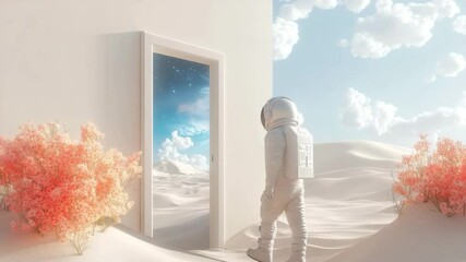 Aufkleber - A mysterious door in the middle of the desert, opening the way to the stars. An astronaut is ready to step into the unknown.