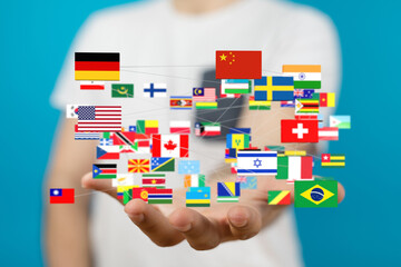 Poster - Person holding a network of world flags, symbolizing global connectivity and international relations.