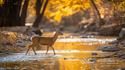 Poster - A deer crosses a gentle stream in a forest, with vibrant autumn leaves reflecting golden light.