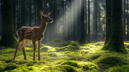 Poster - A young deer explores a tranquil forest illuminated by sunlight streaming through the trees.