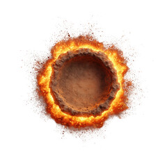 Poster - Explosive Burst of Colorful Fire with a Central Crater Surrounded by Fiery Sparks and Debris Against a Black Background Transparent background or png