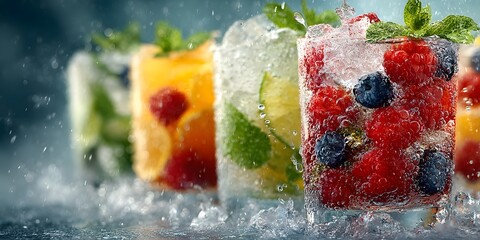Tall, dewy glasses of colorful fruit cocktails overflow with sparkling ice, mint, and fresh berries, all arranged on a wet, reflective surface.