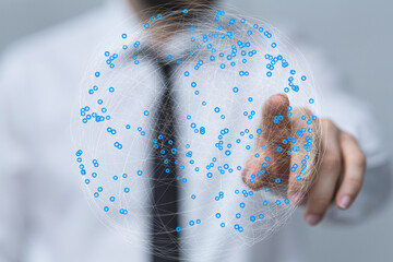 Poster - Image of a businessman interacting with a digital global network.  Perfect for technology, connection, and global business concepts.