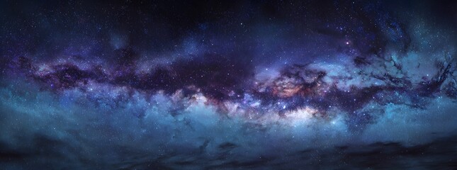 8k Panorama blue and purple milky way galaxy with a black background. banner