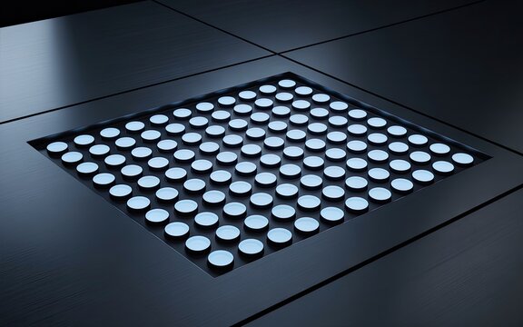 Futuristic abstract design featuring grid of illuminated circles with metallic reflective surface detail