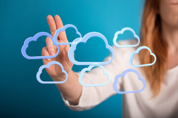 Poster - Cloud technology, data storage, network, digital, woman hand, blue background, internet