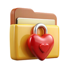 Poster - 3d rendering plasticstyle icon heartshaped padlock securing a yellow folder isolated on transparent background