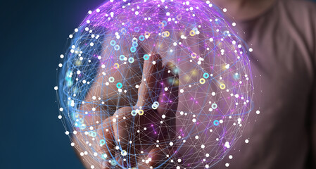 Aufkleber - Abstract image of a hand interacting with a glowing digital sphere, representing global networking and connection.