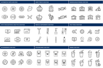 Poster - Line art icons: automotive parts, sweet treats, warehouses, data visualization, medical instruments, tech tools, AR, ATMs, drinks.