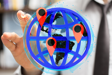 Poster - Image of a hand interacting with a digital globe showing multiple location markers, representing a global network.