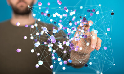 Poster - Abstract image depicting a man interacting with a digital network, symbolizing connection, technology, and data.