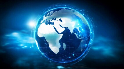 Poster - Looped motion rotating globe in blue tones with lines of force fields and data streams. Technological endless moving background.