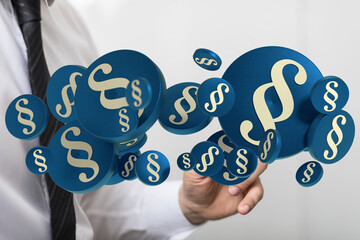 Poster - Abstract image of 3D paragraph symbols floating around a person's hand, representing legal concepts.