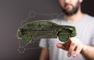 Poster - Futuristic digital car model, showcasing advanced automotive technology and connectivity.