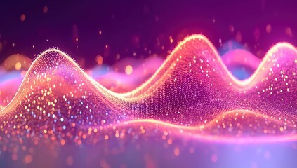 Aufkleber - Vibrant abstract wave background with glowing particles and bokeh lights in gradient neon blues, pinks, purples and reds, 3D rendered digital design for banner, poster or presentation with copy space.