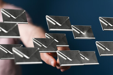 Poster - Abstract image of hand reaching for many digital emails.  Perfect for communication, technology, and email marketing.