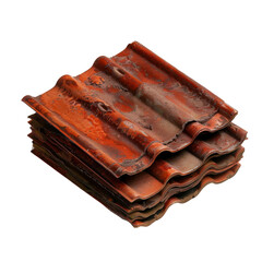 Poster - Stacked terracotta roof tiles with weathered appearance, showcasing rich red color and textured surface. Ideal for construction or architectural