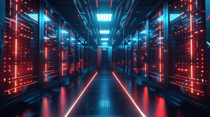 Poster - Futuristic Server Room, Neon Lights Illuminate Data Center